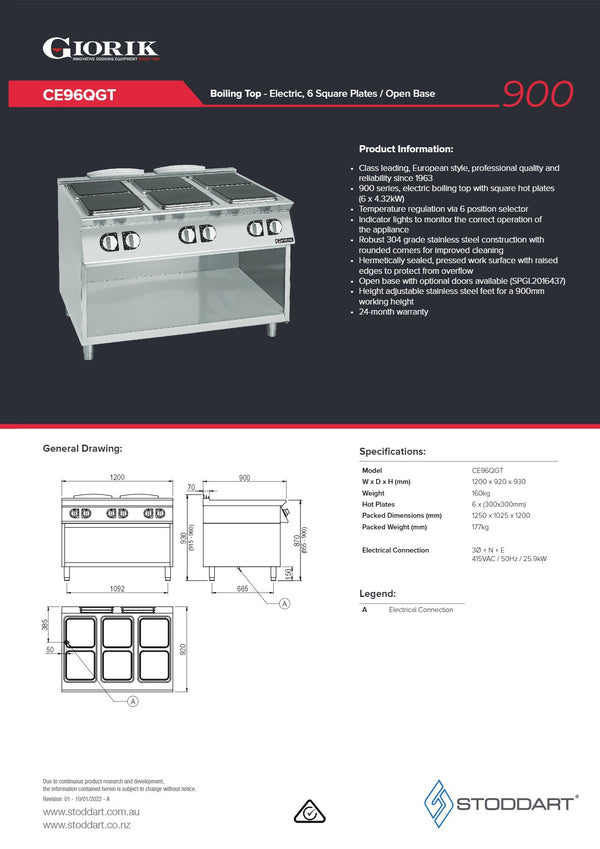 Giorik CE96QGT - 6 Burner Cook Top on Open Base
