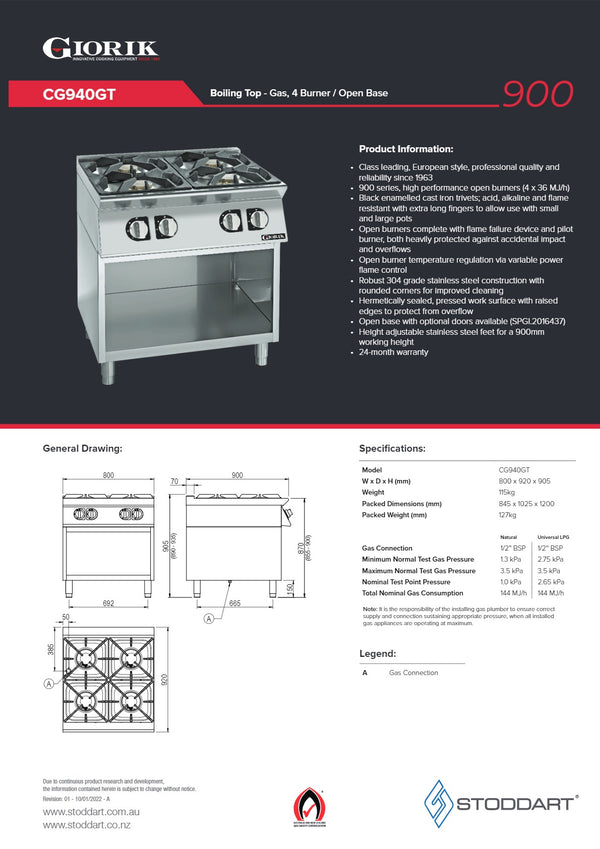 Giorik CG940GT - 4 Burner Cook Top