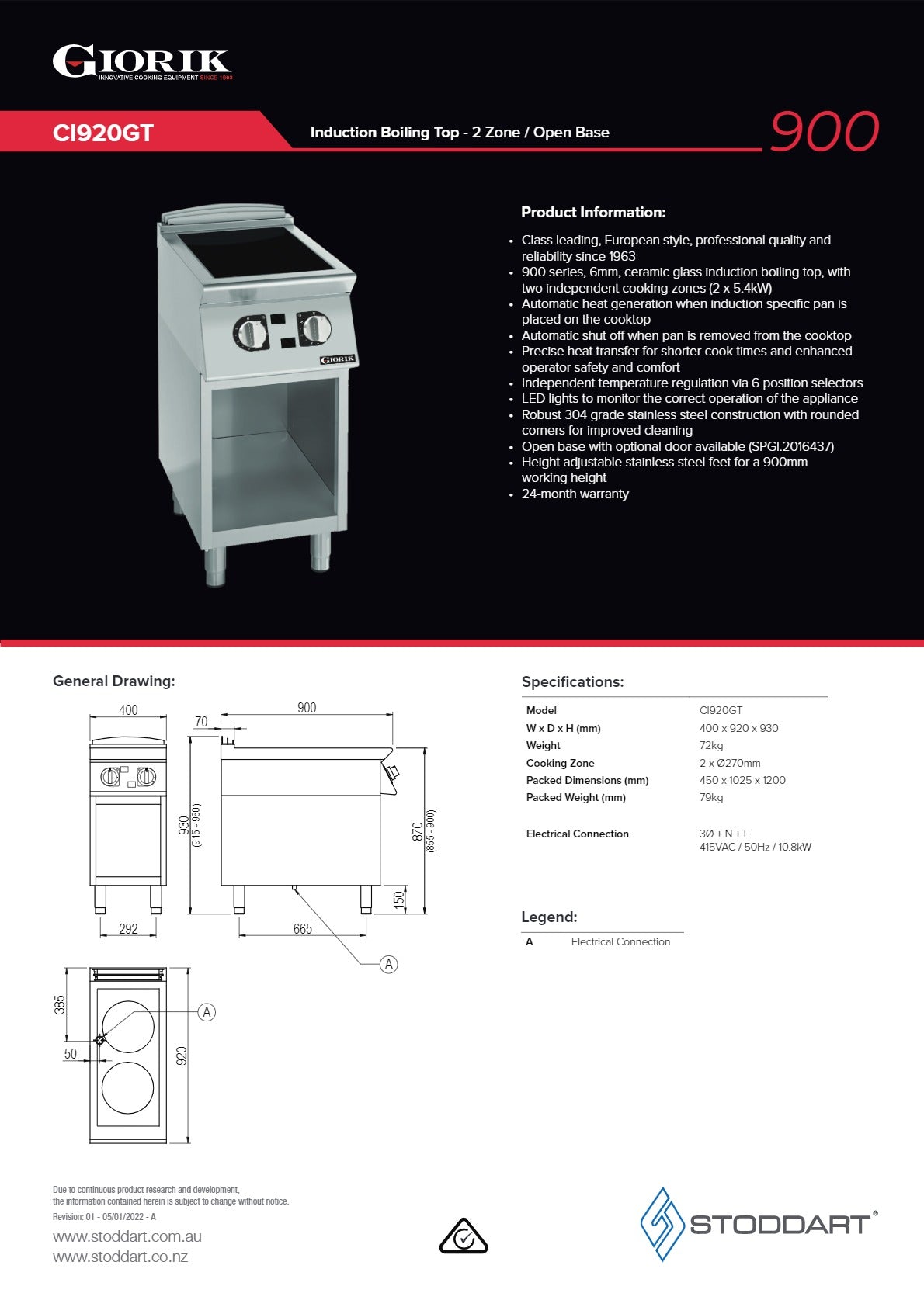 Giorik CI920GT - Induction Cook Top on Open Base