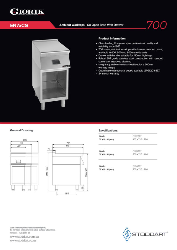 Giorik EN74CG - Open Base Worktop with Drawer