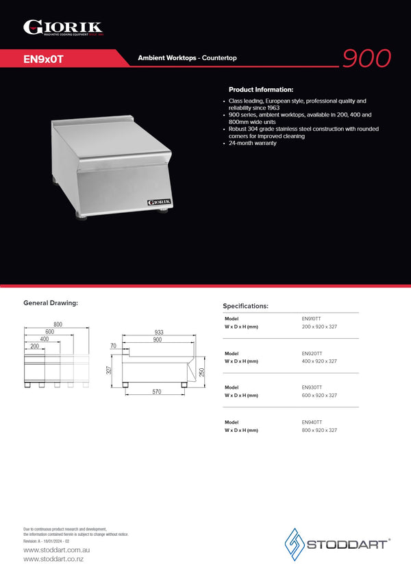 Giorik EN930T - Stainless Steel Work Top
