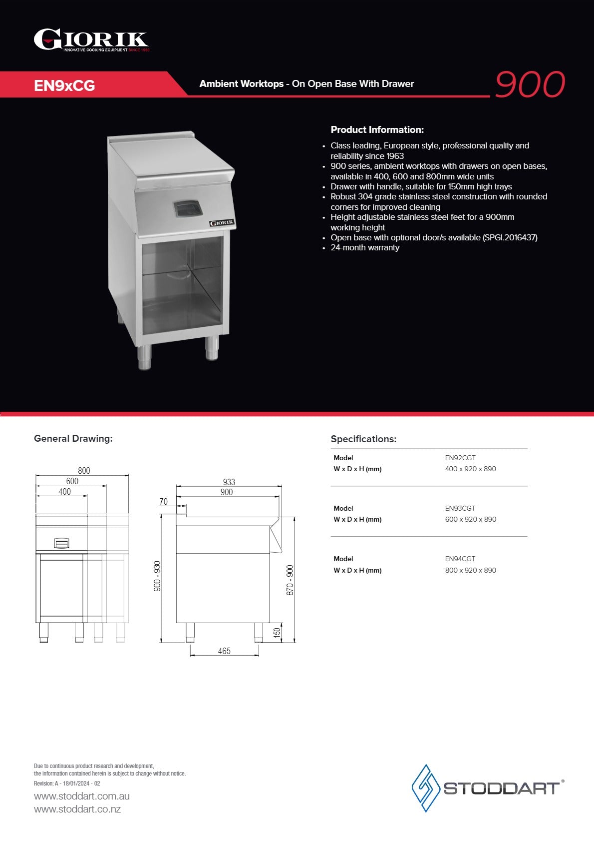 Giorik EN94CG - Stainless Steel Work Top with Drawer