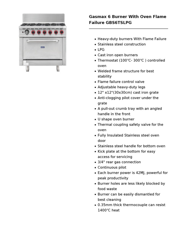 Gasmax GBS6TSLPG - 6 Burner Range Oven