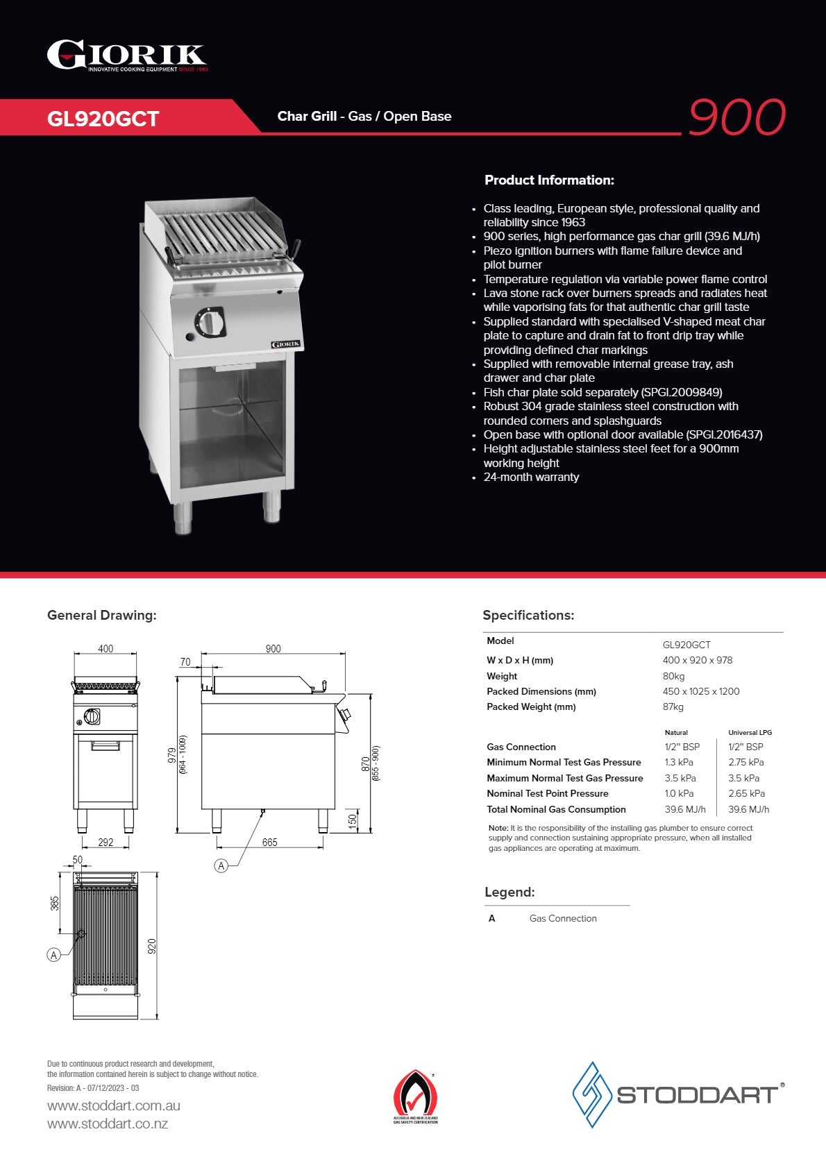 Giorik GL920GCT - Lava Stone Char Grill on Open Base