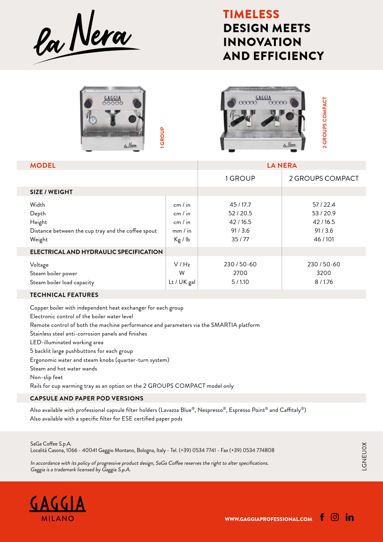 Gaggia La Nera 2 Group Compact Coffee Machine