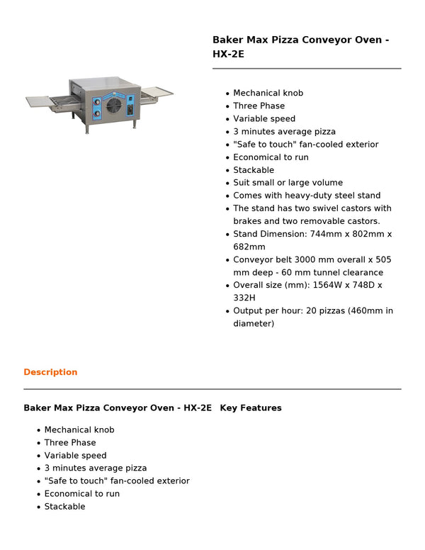Baker Max HX-2E - Conveyor Oven
