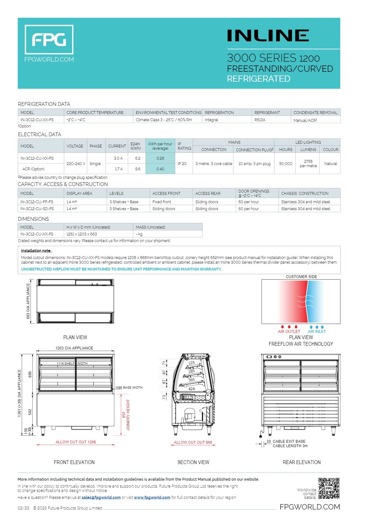 FPG 3000 Series 1200 IN-3C12-CU-FS - Freestanding Cold Food Display
