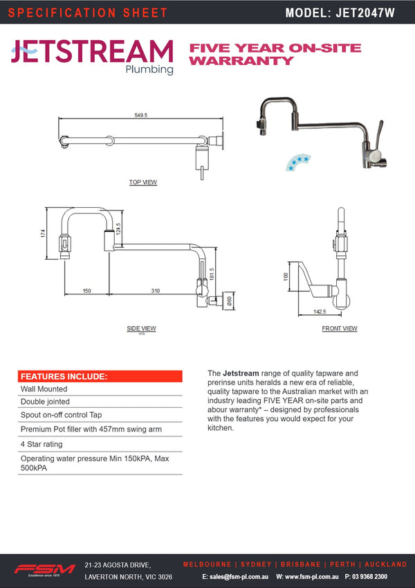 Jetstream JET2047W - Wall Mount Pot & Kettle Filling Faucet