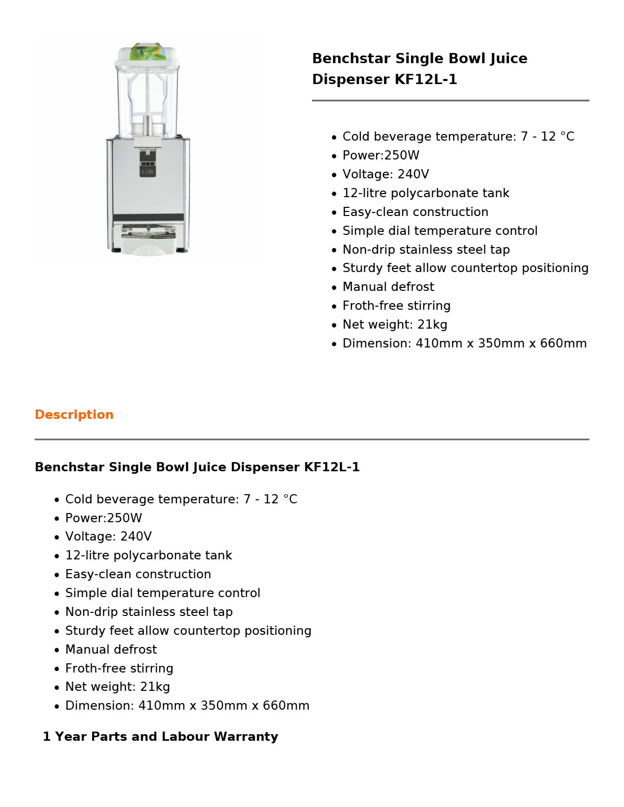Benchstar KF12L-1 - Juice Dispenser
