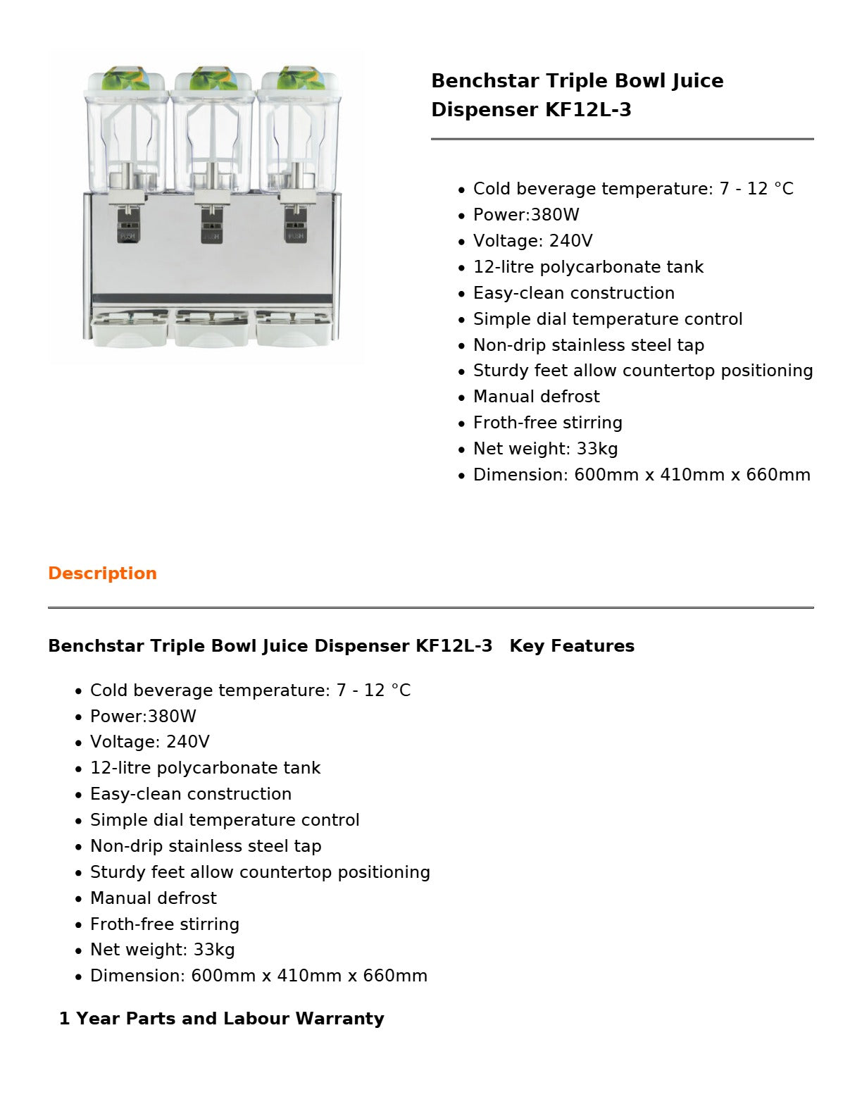 Benchstar KF12L-3 - Juice Dispenser