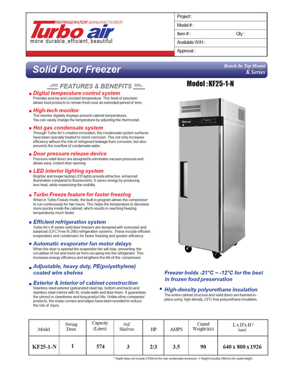 Turbo Air KF25-1-N - Single Solid Door Freezer