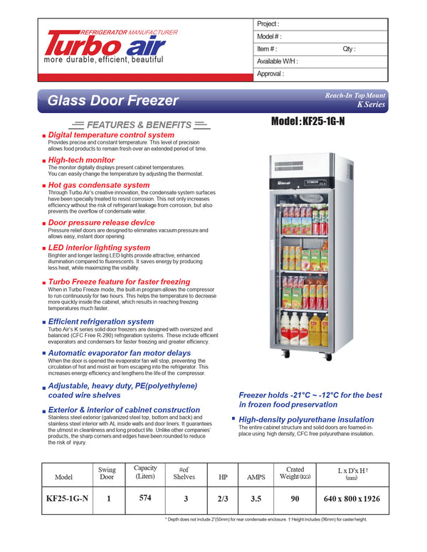 Turbo Air KF25-1G-N - Single Glass Door Freezer