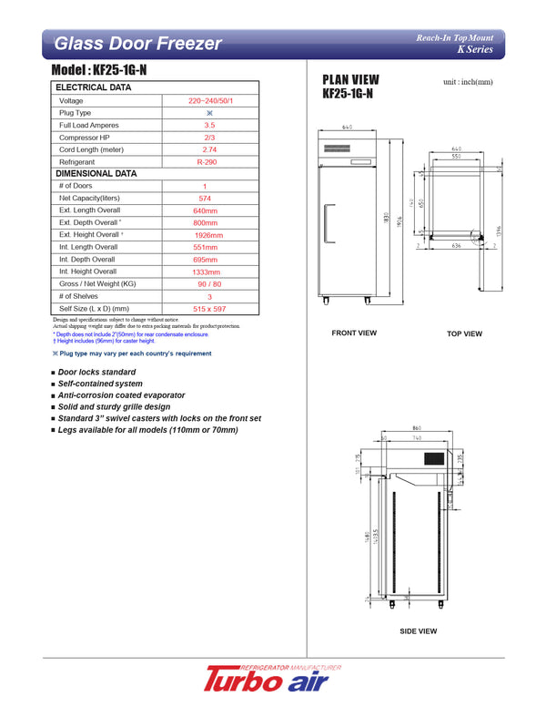 Turbo Air KF25-1G-N - Single Glass Door Freezer