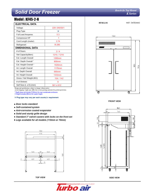Turbo Air KF45-2-N - Double Solid Door Freezer