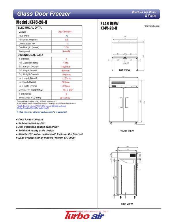 Turbo Air KF45-2G-N - Double Glass Door Freezer