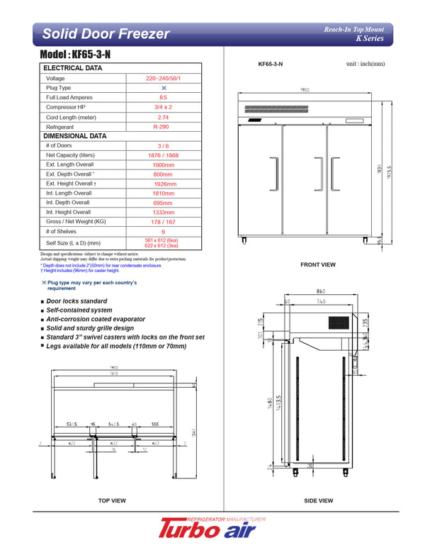 Turbo Air KF65-3-N - Triple Solid Door Freezer