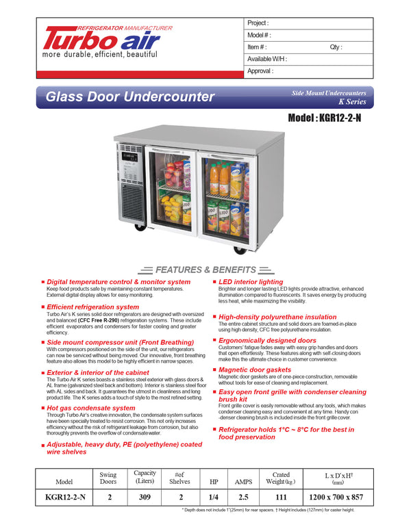 Turbo Air KGR12-2-N - 1200mm Double Glass Door Refrigerator