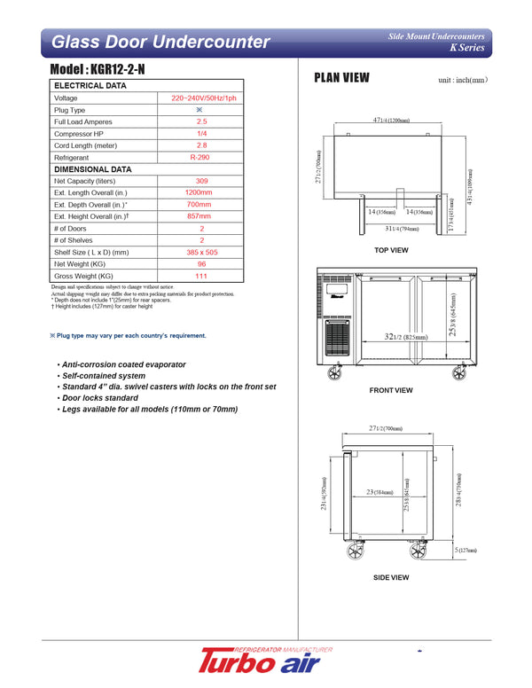 Turbo Air KGR12-2-N - 1200mm Double Glass Door Refrigerator