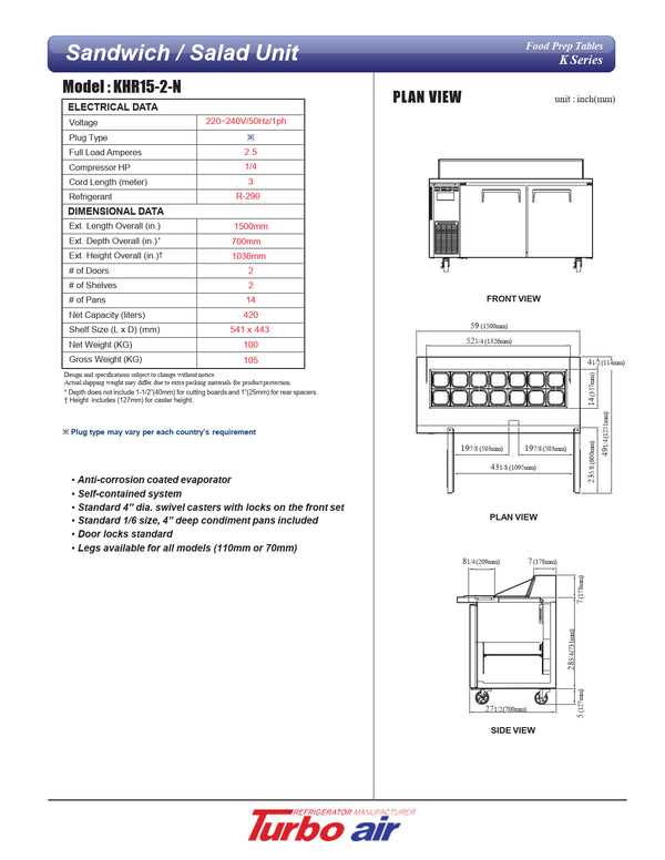 Turbo Air KHR15-2-N - 1500mm Double Solid Door Prep Fridge with Canopy