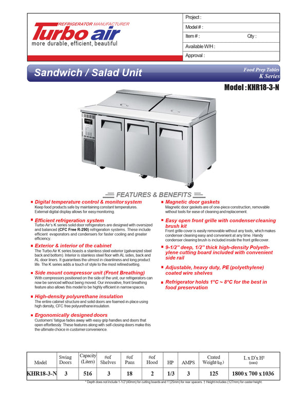 Turbo Air KHR18-3-N - 1800mm Triple Solid Door Prep Fridge with Canopy
