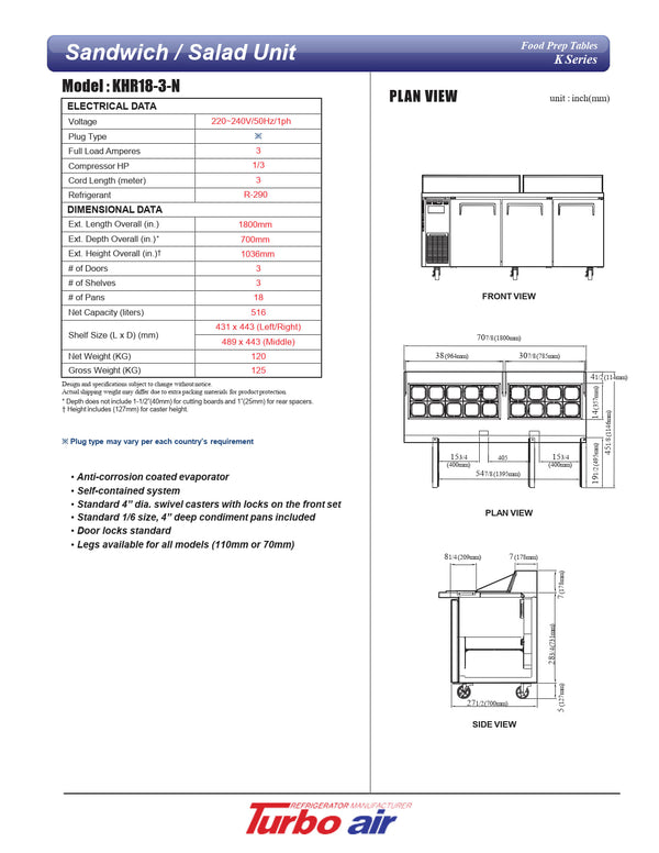 Turbo Air KHR18-3-N - 1800mm Triple Solid Door Prep Fridge with Canopy