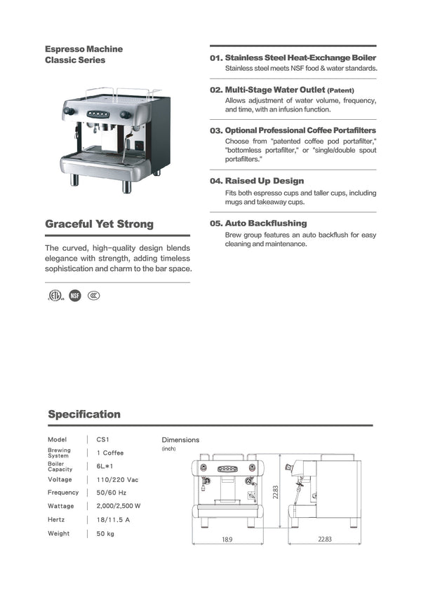 Coffee Worx CS1 Classic Series - 1 Group Espresso Machine