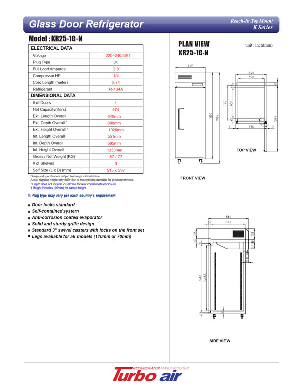 Turbo Air KR25-1-N - Single Solid Door Refrigerator