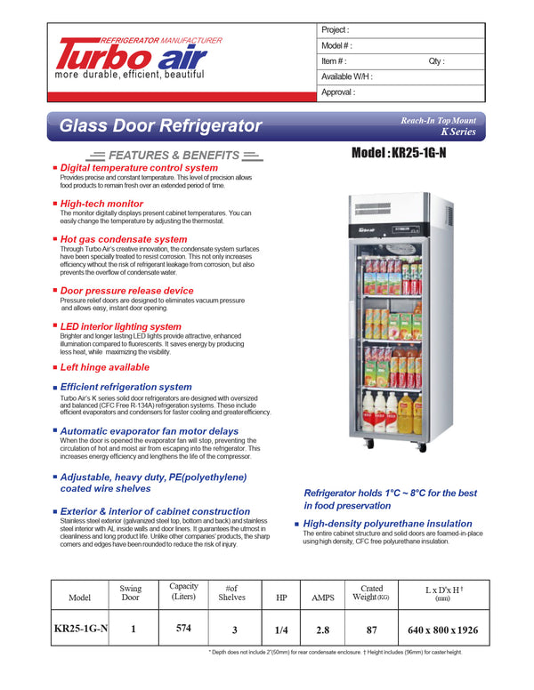 Turbo Air KR25-1G-N - Single Glass Door Refrigerator
