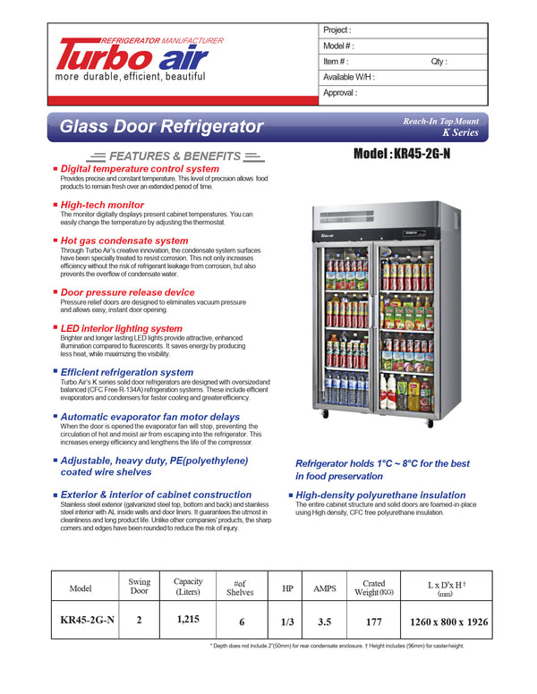 Turbo Air KR45-2G-N - Double Glass Door Refrigerator