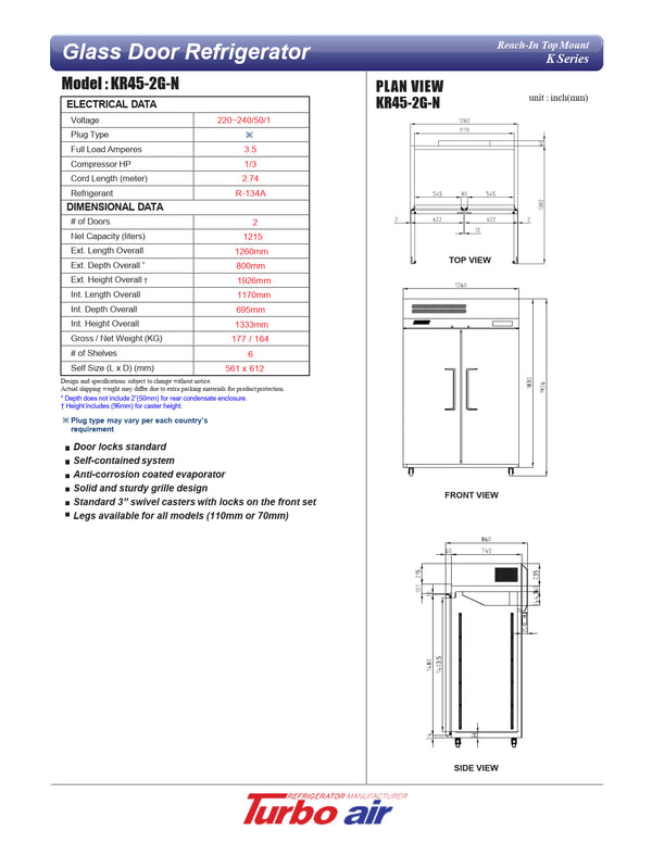 Turbo Air KR45-2G-N - Double Glass Door Refrigerator