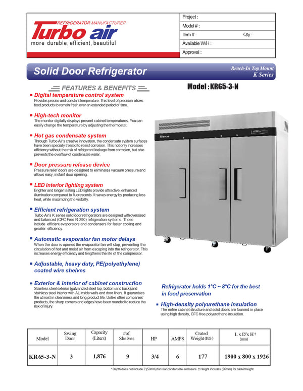 Turbo Air KR65-3-N - Triple Solid Door Refrigerator
