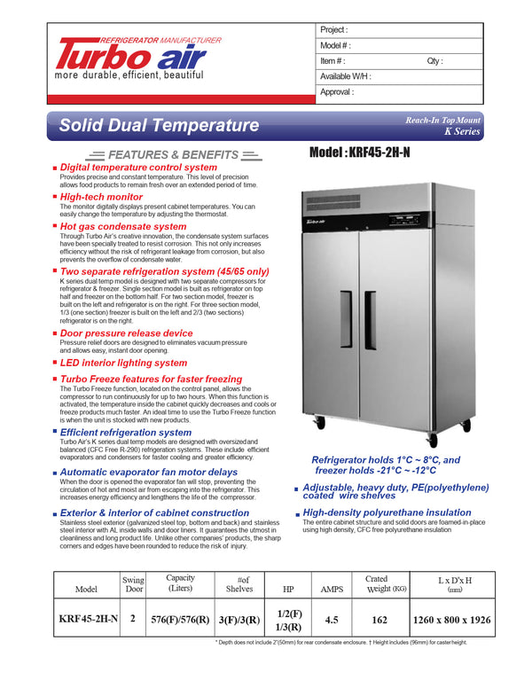 Turbo Air KRF-45-2H-N - Solid Door Refrigerator/Freezer