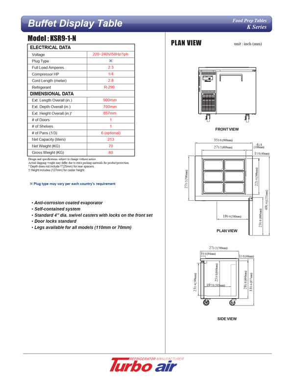 Turbo Air KSR9-1-N - 900mm Single Solid Door Prep Fridge