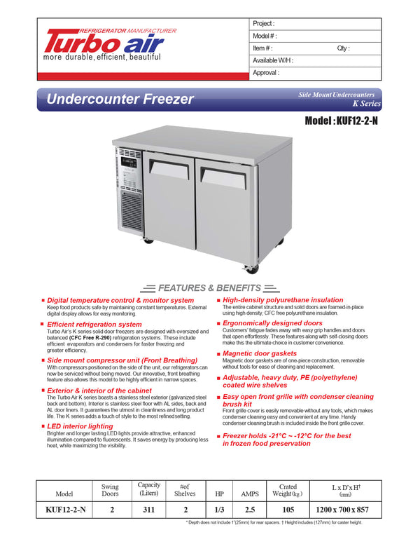 Turbo Air KUF12-2-N - 1200mm Double Solid  Door Freezer