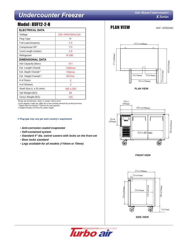 Turbo Air KUF12-2-N - 1200mm Double Solid  Door Freezer