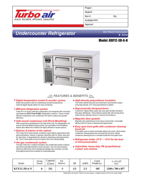Turbo Air KUF12-3D-6 - 1200mm Six Solid Drawer Freezer