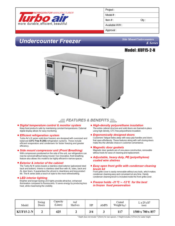 Turbo Air KUF15-2-N - 1500mm Double Solid Door Freezer