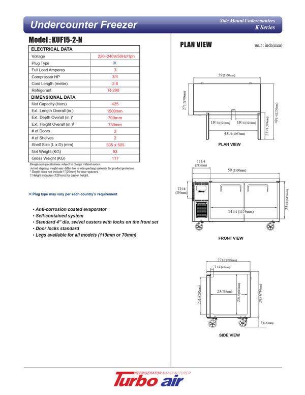 Turbo Air KUF15-2-N - 1500mm Double Solid Door Freezer