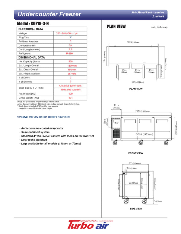 Turbo Air KUF18-3-N - 1800mm Triple Solid Door Freezer