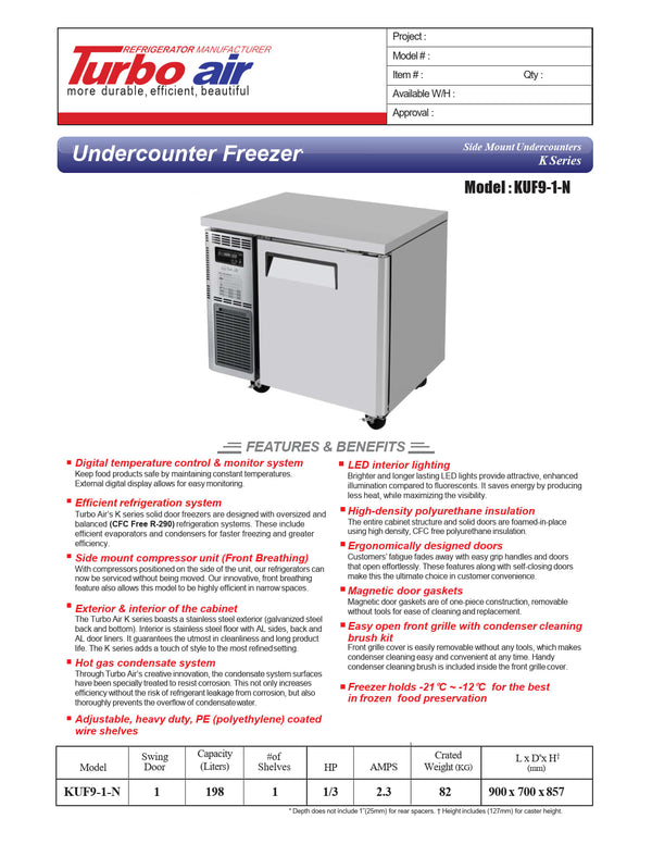Turbo Air KUF9-1-N - 900mm Single Solid Door Freezer