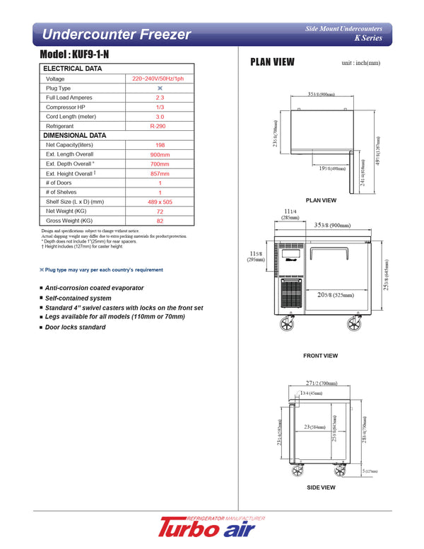 Turbo Air KUF9-1-N - 900mm Single Solid Door Freezer