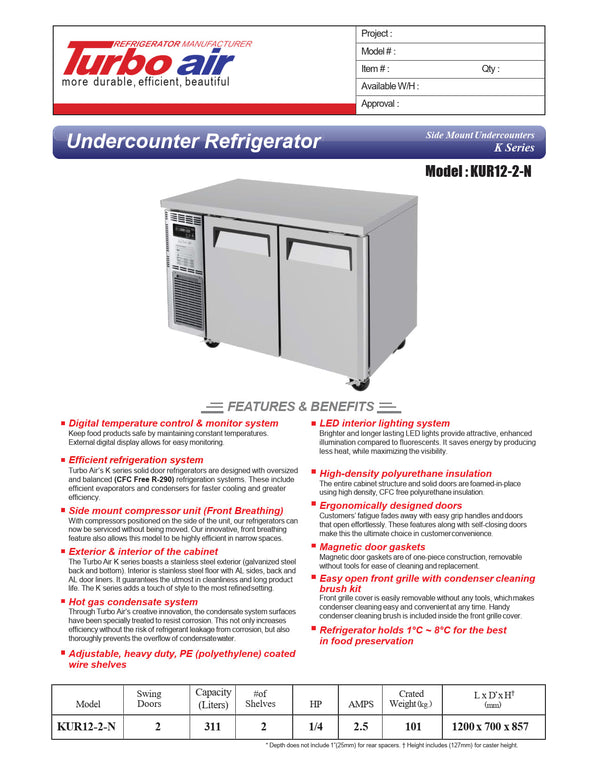 Turbo Air KUR12-2-N - 1200mm Double Solid Door Refrigerator