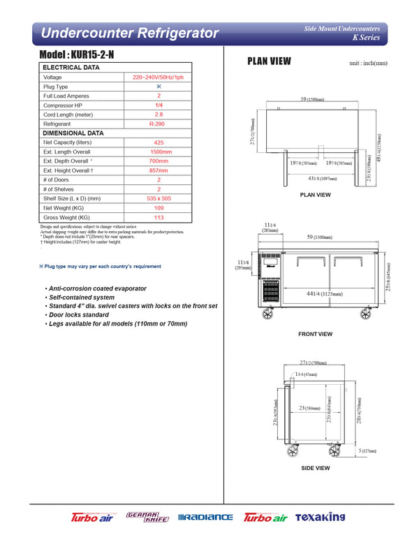 Turbo Air KUR15-2-N - 1500mm Double Solid Door Refrigerator