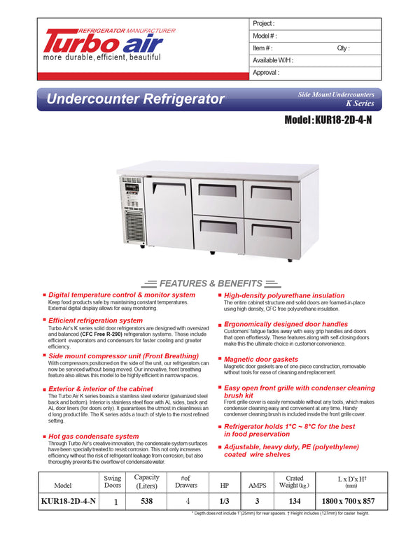 Turbo Air KUR18-2D-4-N - 1800mm Single Solid Door & 4 Drawer Refrigerator