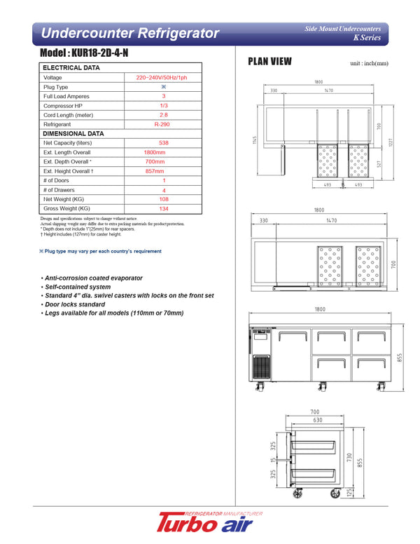 Turbo Air KUR18-2D-4-N - 1800mm Single Solid Door & 4 Drawer Refrigerator