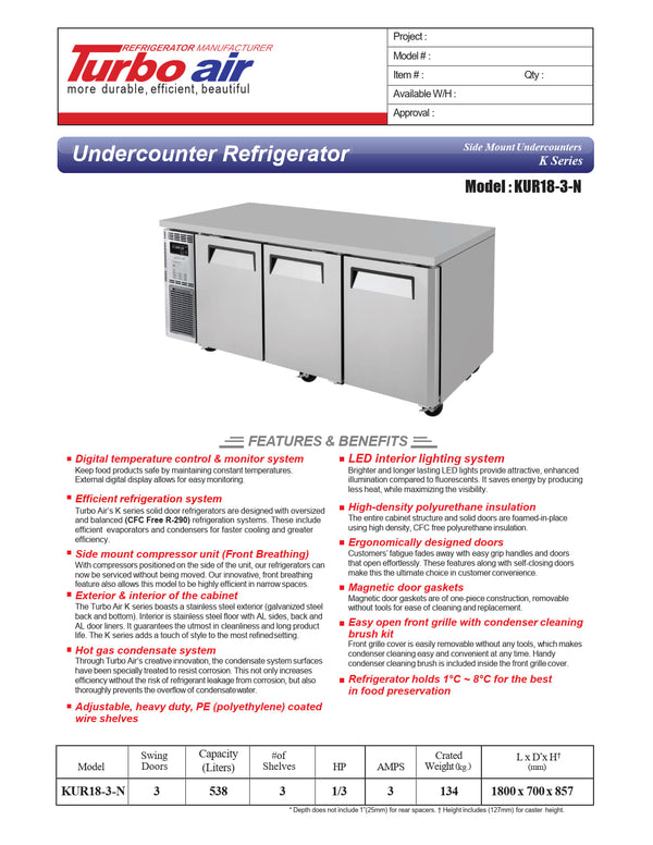 Turbo Air KUR18-3-N - 1800mm Triple Solid Door Refrigerator