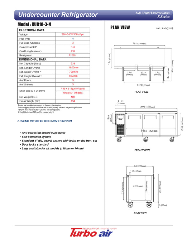 Turbo Air KUR18-3-N - 1800mm Triple Solid Door Refrigerator