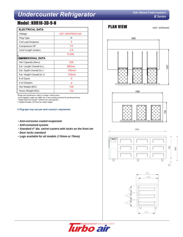 Turbo Air KUR18-3D-9N - 1800mm Solid 9 Drawer Refrigerator