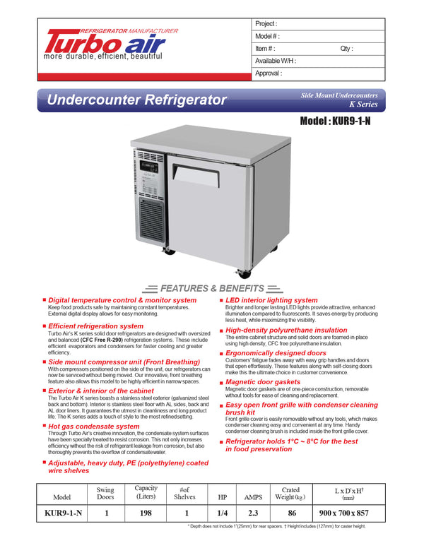 Turbo Air KUR9-1-N - 900mm Single Solid Door Refrigerator
