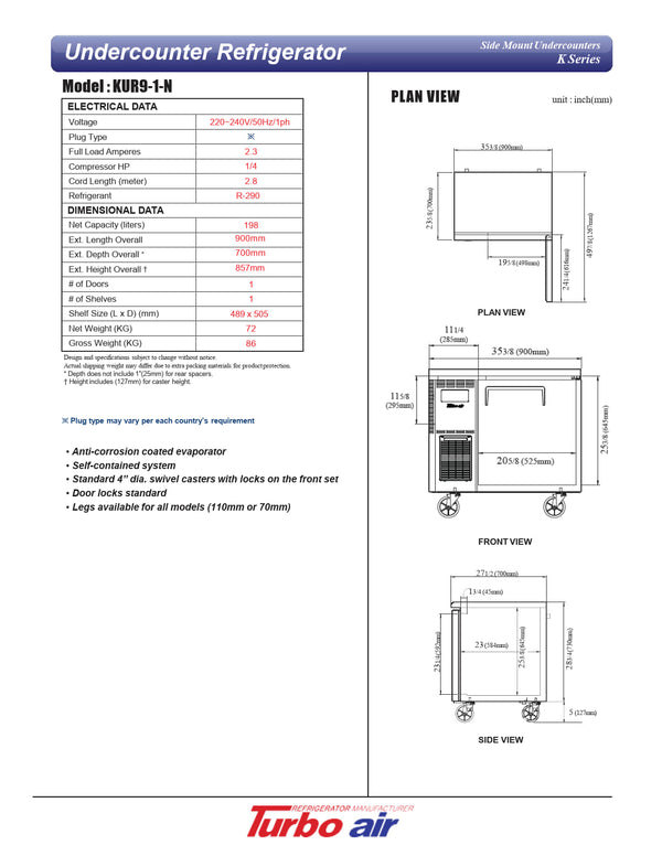 Turbo Air KUR9-1-N - 900mm Single Solid Door Refrigerator